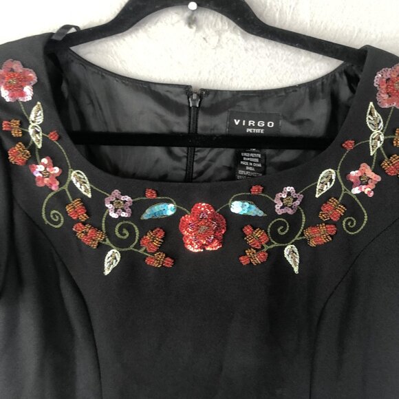 Virgo Petite Dress Womens Size 10 Black Floral Embroidered Beaded Maxi Formal - Picture 7 of 13